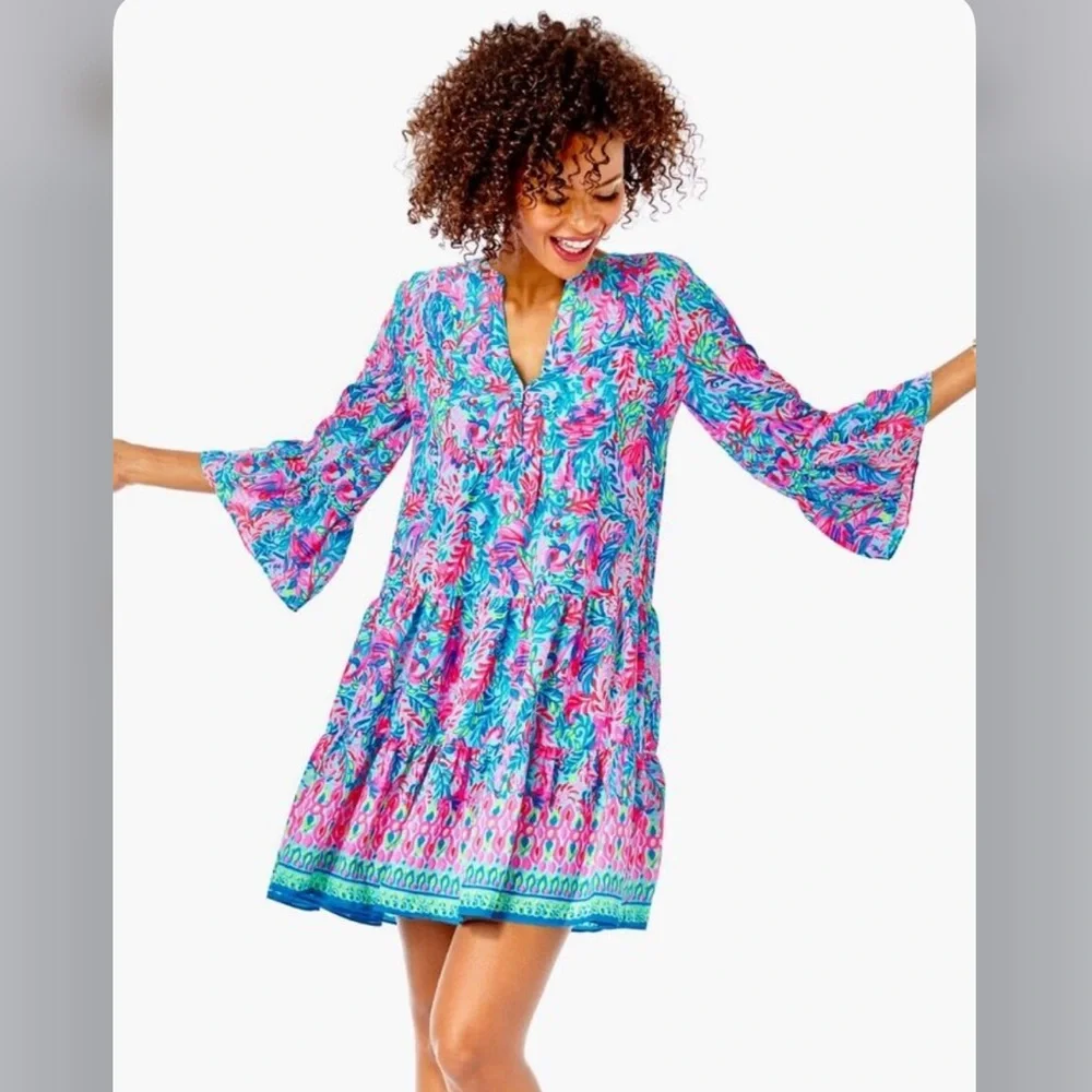 Lilly Pulitzer Gabriel Dress Surf Blue Flim Flam Engineered Print - Picture 9 of 11